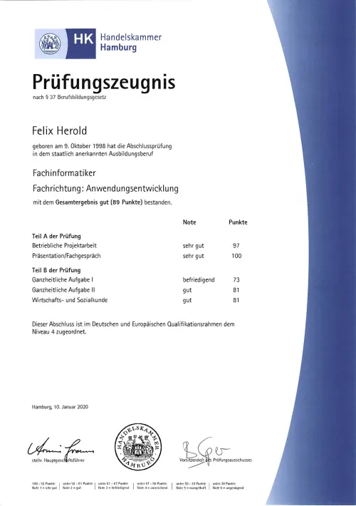 Preview for Examination certificate from IHK Hamburg